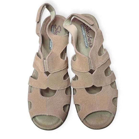 Skechers Women's Suede Peep-Toe Slingback Wedges Parallel Stylin size 6 Tan - Picture 2 of 7